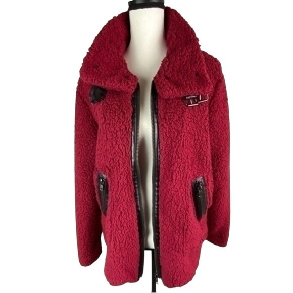 First Love Jacket Burgundy Teddy Sherpa Fuzzy Jacket Black Faux Leather Details - Picture 1 of 16